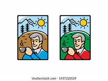 Colorful line art style illustration of drinking coffee design