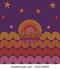 Colorful line art sunset with half circle wave pattern and stars suitable for background or wallpaper