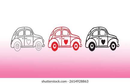 Colorful line art of three vintage cars, each adorned with heart symbols, set against a pink gradient background. A creative and artistic depiction of retro vehicles with a romantic theme.