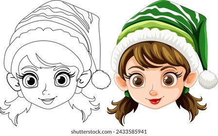 Colorful and line art versions of a Christmas elf girl.