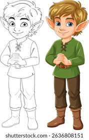 Colorful and line art versions of a young elf character with detailed features and vibrant colors
