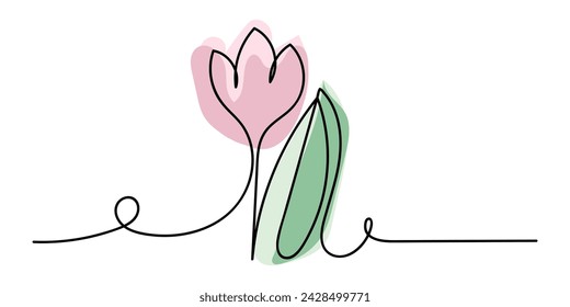 Tarjeta de día colorida del arte de la línea para las mujeres con tulipán. Ilustración dibujada a mano del vector lindo hecha en negro, rosa, colores verdes para las tarjetas, negocio, banners, papel pintado, envoltura