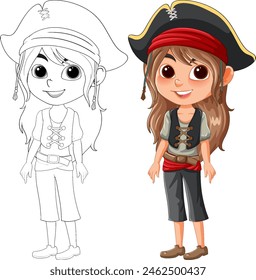 Colorful and line art of a young pirate girl