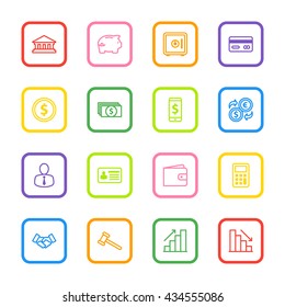 colorful line business commercial and finance icon set with rounded rectangle frame for web design, user interface (UI), infographic and mobile application (apps)