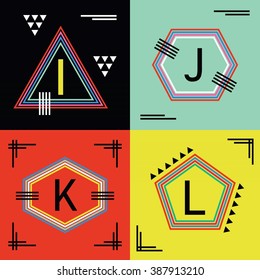 Colorful line capital letters I, J, K, and L emblem icons set