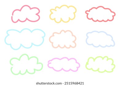 Colorful line clouds set, hand drawn cloud shapes, vector illustration.