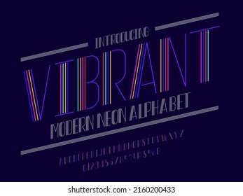 Colorful line condensed alphabet design with uppercase, numbers and symbols