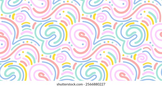 Colorful line curves doodle seamless pattern. Squiggle, worm minimalist style pastel color art background design. Vector illustration 