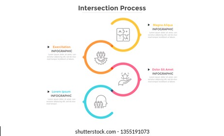 Colorful Line Curving Around Linear Pictograms Placed Into Vertical Row. Concept Of 4 Successive Steps Of Business Process. Minimal Infographic Design Template. Vector Illustration For Presentation.