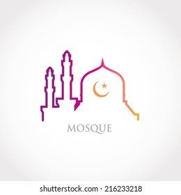 Colorful line design - red gradation mosque and crescent moon