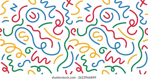 Colorful line doodle background with abstract shapes and playful scribbles. A modern, fun pattern for children, posters, or party design.