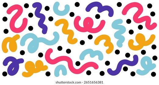 Fundo horizontal de doodle de linha colorida. Design moderno com formas básicas. Textura de confete de festa sobre fundo branco