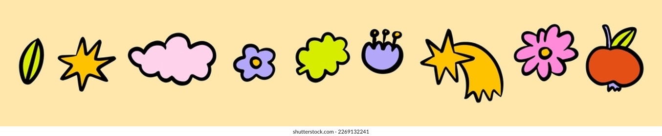 Colorful line doodle icon. Creative art collection for children or festive celebration design. Simple childish scribble wallpaper print texture bundle. Star, vase, flower, cloud.