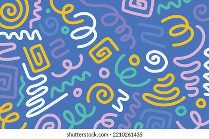 Colorful line doodle pattern. Creative minimalist style art background collection for children or trendy design with basic shapes. Simple childish scribble backdrop bundle in pastel-blue background.