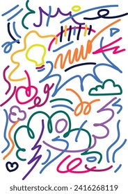 Colorful line doodle pattern. Creative funny minimalist style art background for design with basic shapes. Simple party confetti texture, childish scribble shape backdrop made by pen or markers