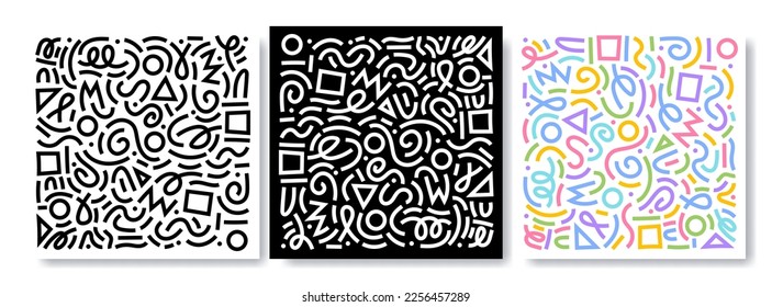 Colorful line doodle pattern set. Creative minimalist style art background collection, trendy design with basic shapes. Modern abstract color backdrop. Black, white and color composition.