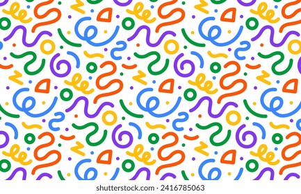 Colorful line doodle seamless background pattern. Fun and creative minimalist art background for kids. Simple childish trendy doodle backdrop.