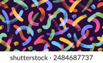 Colorful line doodle seamless pattern. Cute, funny creative minimalist style art background. Endless simple holiday party confetti texture, Scribble shapes, curves, waves. 