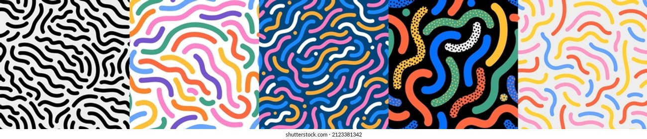 Colorful line doodle seamless pattern set. Creative minimalist style art background collection, trendy design with basic shapes. Modern abstract color backdrop.