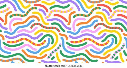 Colorful line doodle seamless pattern. Creative minimalist style art background, trendy design with basic shapes. Modern abstract color backdrop.