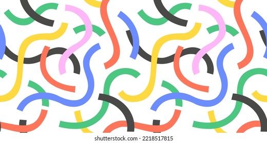 Colorful line doodle seamless pattern illustration. Creative minimalist style art background, trendy design with basic shapes. Festive texture concept, modern abstract color wallpaper print.