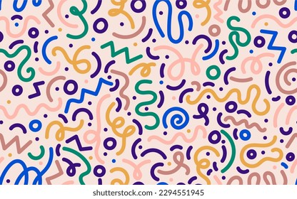 Colorful line doodle seamless pattern. Creative abstract colored squiggle style drawing background for kids or trendy design with basic shapes. Simple vector childish scribble wallpaper print.