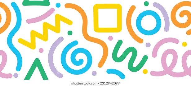 Colorful line doodle in seamless pattern. Abstract art background vector design with childish scribble, square, triangle in vibrant color. Fun creative illustration for kids, fabric, prints, cover.
