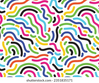 Colorful line doodle seamless pattern. Creative minimalist style art background, trendy design with basic shapes. Modern abstract color backdrop.