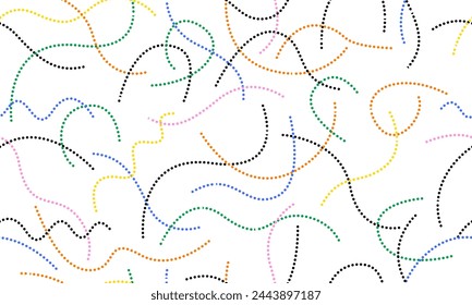 Línea colorida doodle patrón sin fisuras. Simple infantil dibujado a mano sin patrón. Fondo de garabato colorido al azar con remolinos, haces y puntos. Fondo abstracto colorido divertido en estilo doodle