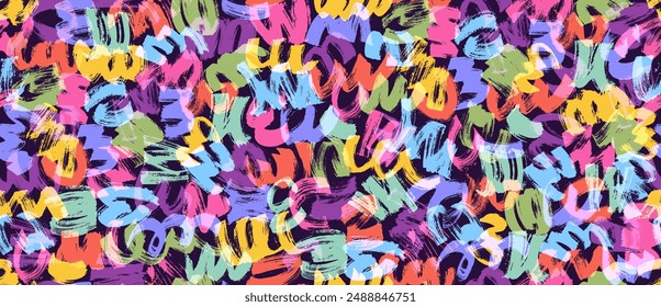 Colorful line doodle seamless pattern. Cute, funny creative minimalist style art background. Endless simple holiday party confetti texture, Scribble shapes, curves, waves. 