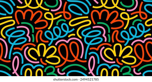 Colorful line doodle seamless pattern on dark background. Rainbow brush strokes. Creative abstract art background for festive celebration design. Simple childish scribble wallpaper print texture.