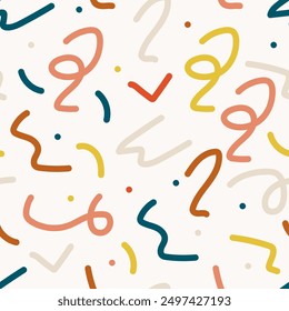 Farbige Linie doodle nahtlose Muster. Kreative minimalistische Art Kunst Hintergrundtextur für Kinder oder trendige Design mit bunten Linien und Punkten.