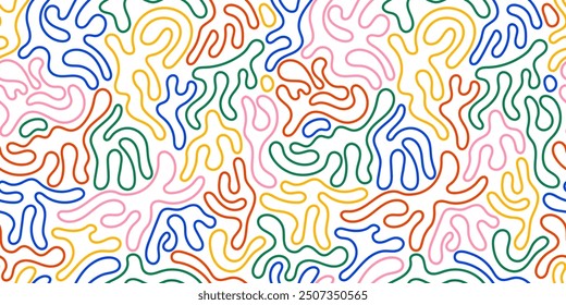 Colorful line doodle seamless pattern. Minimalist background for children or trendy design with abstract lines. Simple party confetti texture, childish scribble shape backdrop. Vector illustration