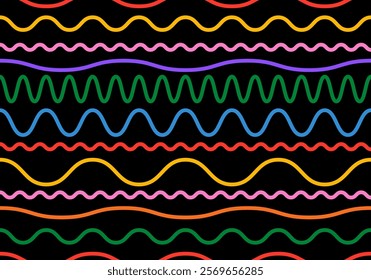 Colorful line doodle seamless pattern. Simple childish hand drawn seamless pattern. Random colorful scribble backdrop with swirls, bundles and dots. Fun colorful abstract background in doodle style