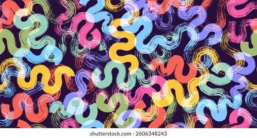 Colorful line doodle seamless pattern. Cute, funny creative minimalist style art background. Endless simple holiday party confetti texture, Scribble shapes, curves, waves. 