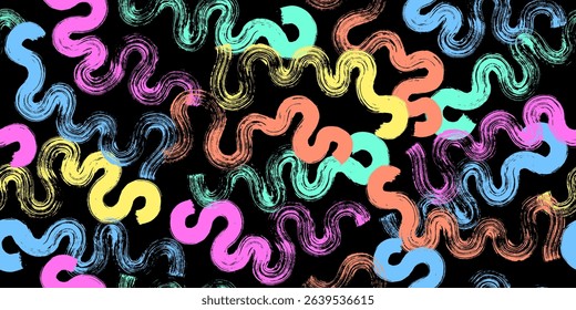 Colorful line doodle seamless pattern. Cute, funny creative art background. Endless simple holiday party confetti texture, Scribble shapes, curves, waves. 