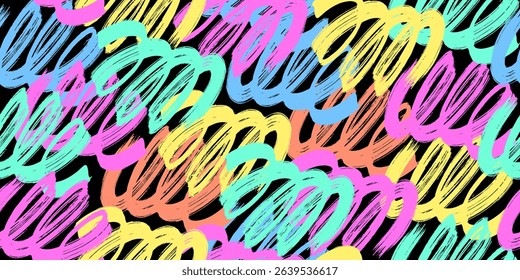 Colorful line doodle seamless pattern. Cute, funny creative art background. Endless simple holiday party confetti texture, Scribble shapes, curves, waves. 