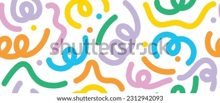 Colorful line doodle in seamless pattern. Abstract art background vector design with childish scribble, doodle, circle in vibrant color. Fun creative illustration for kids, fabric, prints, cover.