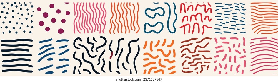 Coloridas Líneas Doodle Patrones de Seamless. Colección de fondo artístico abstracta creativa adecuada para niños o diseños festivos. Este paquete ofrece una textura de impresión infantil y sencilla