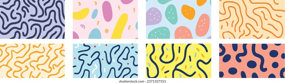 Colorful Line Doodle Seamless Patterns. A Creative Abstract Art Background Collection Suitable for Children or Festive Celebration Designs. This Bundle Offers a Simple, Childish Scribble Print Texture