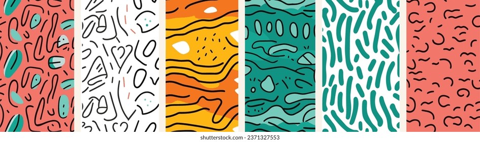 Colorful Line Doodle Seamless Patterns. A Creative Abstract Art Background Collection Suitable for Children or Festive Celebration Designs. This Bundle Offers a Simple, Childish Scribble Print Texture