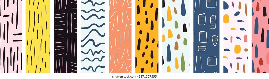 Colorful Line Doodle Seamless Patterns. A Creative Abstract Art Background Collection Suitable for Children or Festive Celebration Designs. This Bundle Offers a Simple, Childish Scribble Print Texture