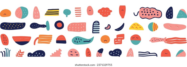 Colorful Line Doodle Shapes in a Creative Minimalist Style, Perfect for Children’s Parties and Celebrations. This Collection Features Basic Shapes and Simple, Upbeat, Childlike Drawings
