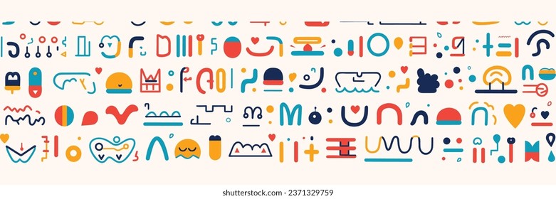 Colorful Line Doodle Shapes in a Creative Minimalist Style, Perfect for Children’s Parties and Celebrations. This Collection Features Basic Shapes and Simple, Upbeat, Childlike Drawings