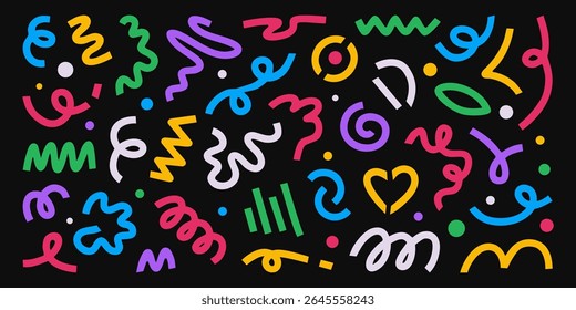 Colorful line doodles and dots, childish abstract drawings. Cute posters and banners design elements, stickers and vector art.