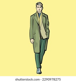 Colorful Line Drawing Illustration of Handsome Young Man In Smart Casual Wear