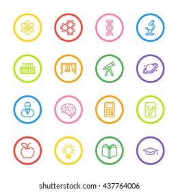 colorful line education and science icon set with circle frame for web design, user interface (UI), infographic and mobile application (apps)