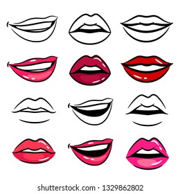 Colorful and line female lips vector set on white background
