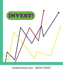 Colorful line graph vector illustration showing upward trends with an invest button. Financial growth concept, stock market statistics, and business chart on white background.