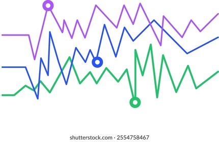 Colorful line graphs are fluctuating, representing data trends with highlighted key points, creating a visual representation of progress and analysis